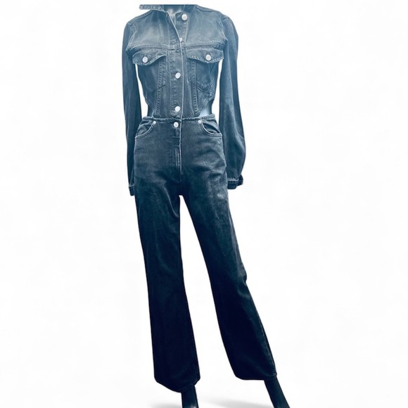 ZARA Black Denim Cutout Jumpsuit Flare Leg Button Front Long Sleeve Size XS